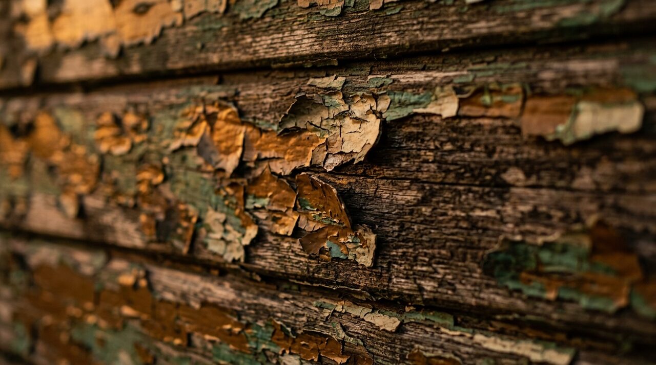 Cracked, peeling paint on old weathered wooden boards, representing hidden costs surfacing over time.