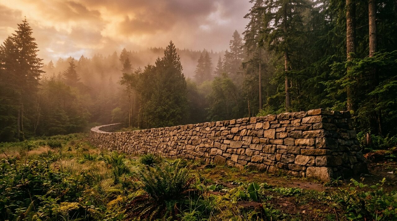 A solid, well-laid dry-stone wall at the edge of a misty forest clearing at dusk, representing a website built right on a lasting foundation.