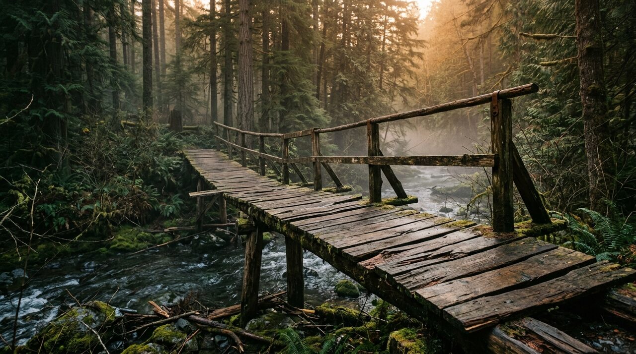 A rickety, sagging wooden footbridge over a misty forest creek at dusk, representing something built too cheaply to last.