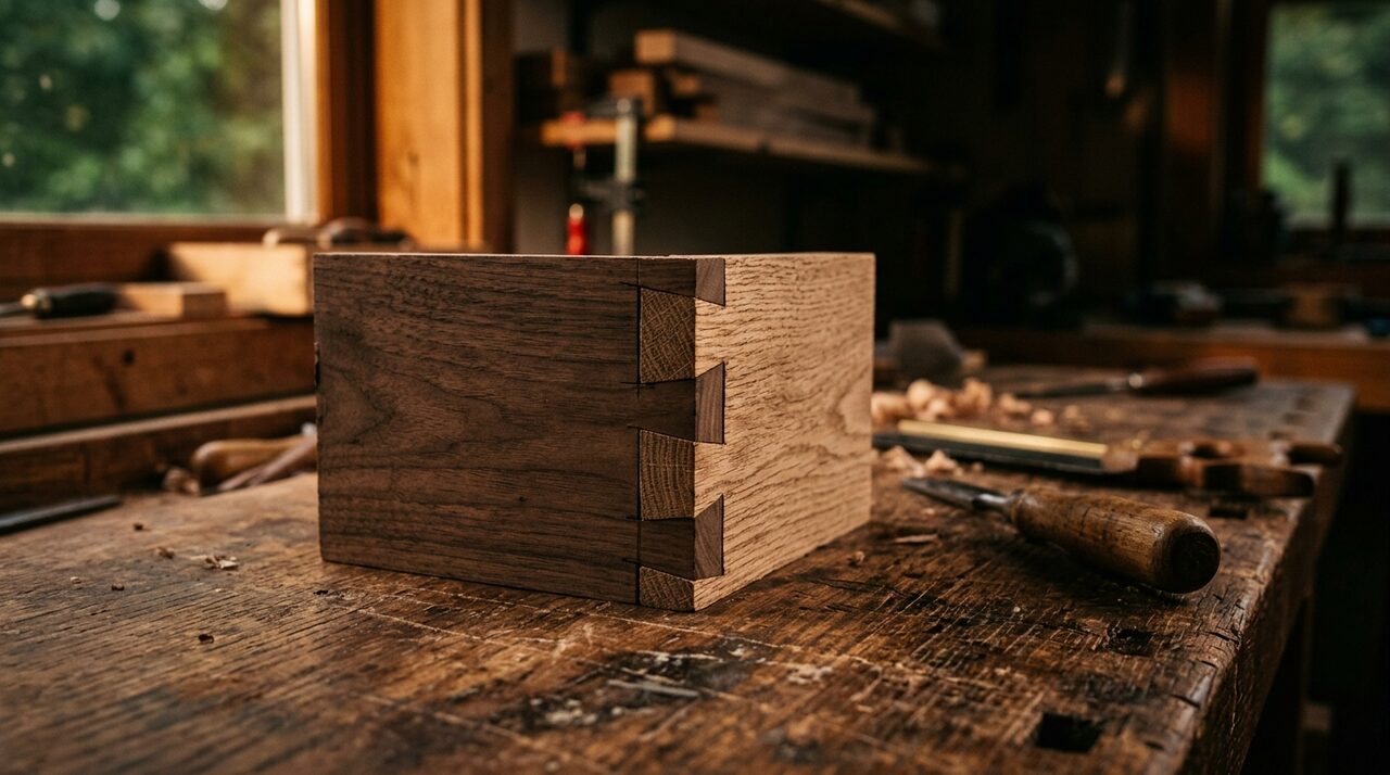 A hand-cut wooden dovetail joint on a workbench in warm light, representing craftsmanship built to last.