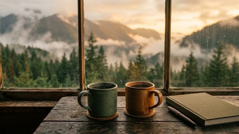 Two coffee mugs and a notebook on a wooden table by a window with a misty mountain view at dusk.