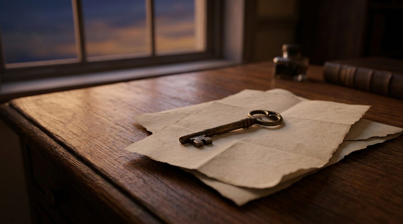 An antique brass key resting on a paper document on a wooden desk by a window at dusk, representing owning your website.