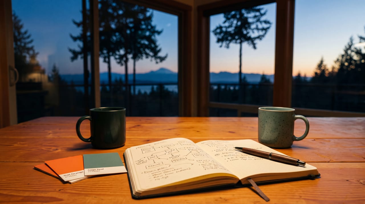 Two coffee mugs and an open notebook of sketches on a table at dusk, set for a project planning conversation.