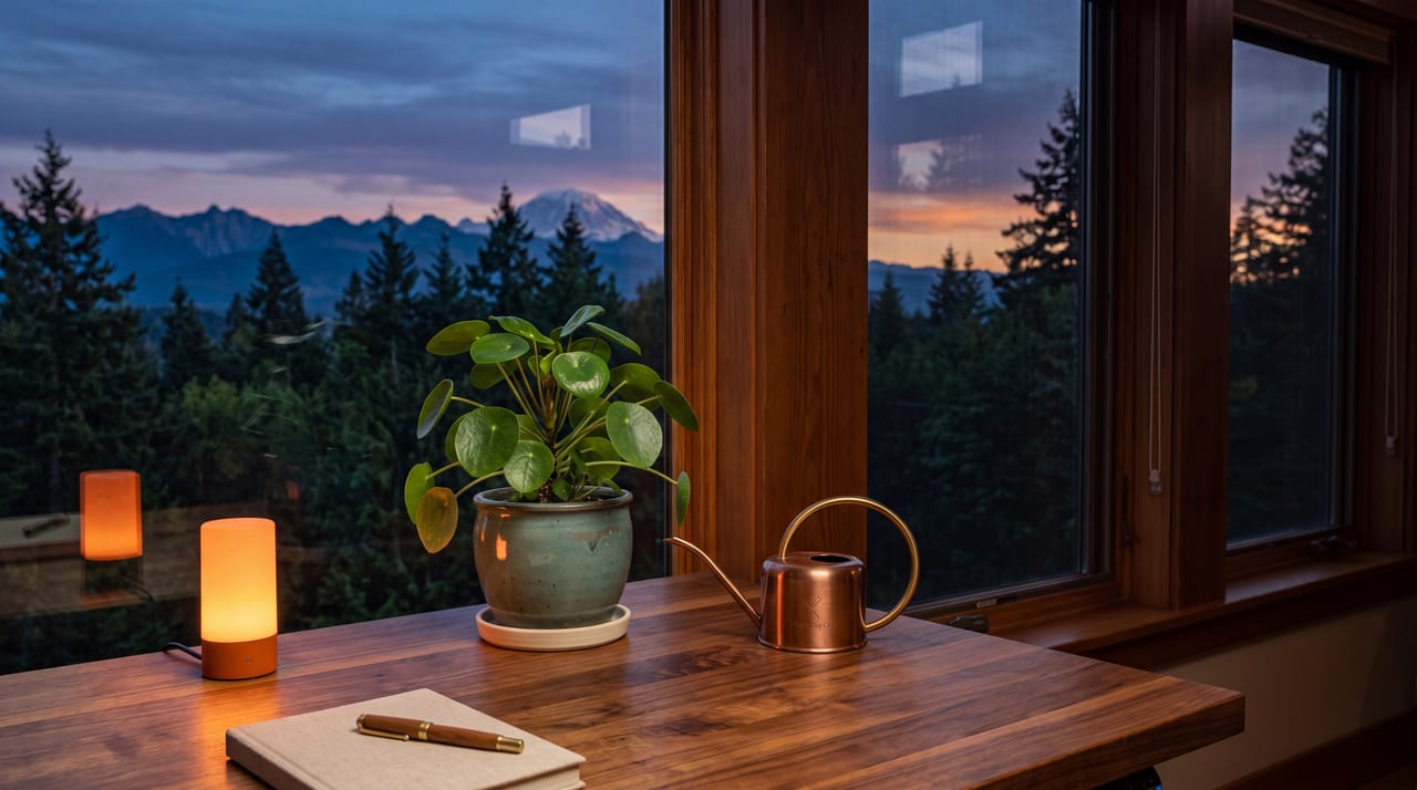 A thriving potted plant and a watering can on a desk by a window at dusk, representing a website tended over time.