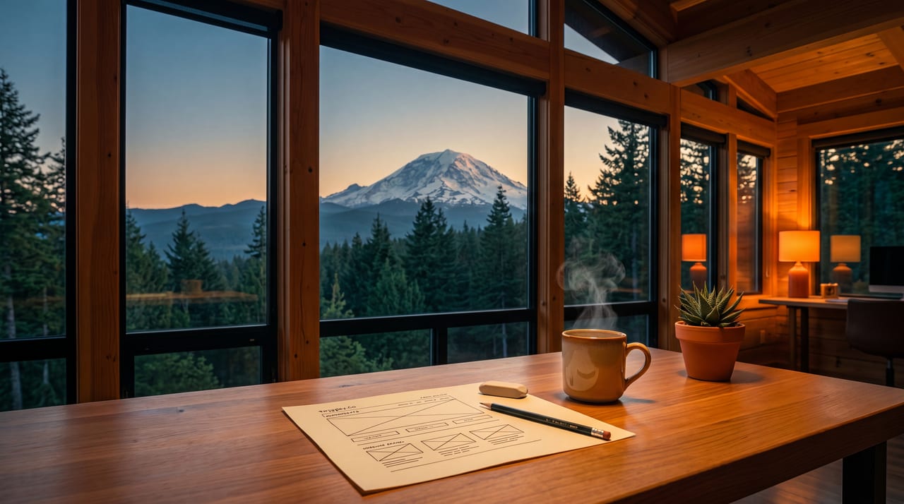 A website layout sketch, a coffee mug, and a small plant on a desk in an Olympia studio at dusk with a mountain view.