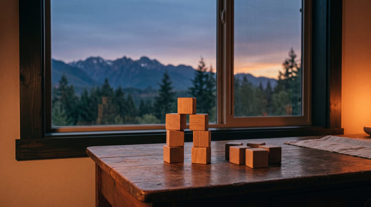 Wooden building blocks partly assembled on a desk at dusk, representing building a website in phases.