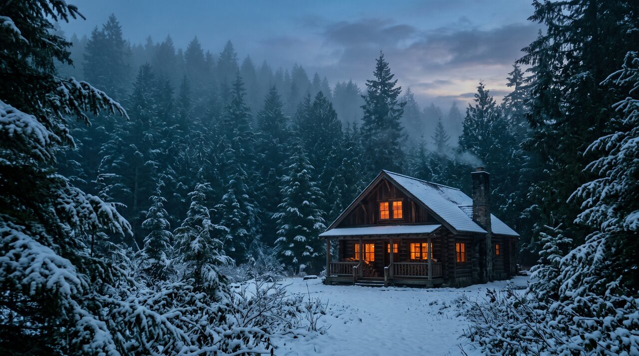 A warm-lit cabin with glowing windows and a light dusting of snow at the edge of a misty evergreen forest at dusk.