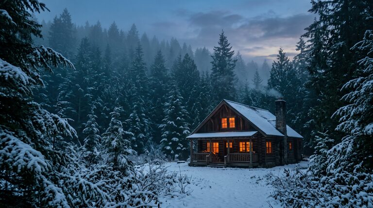 A warm-lit cabin with glowing windows and a light dusting of snow at the edge of a misty evergreen forest at dusk.