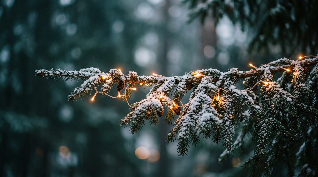 Warm string lights glowing on an evergreen bough in the mist at dusk.
