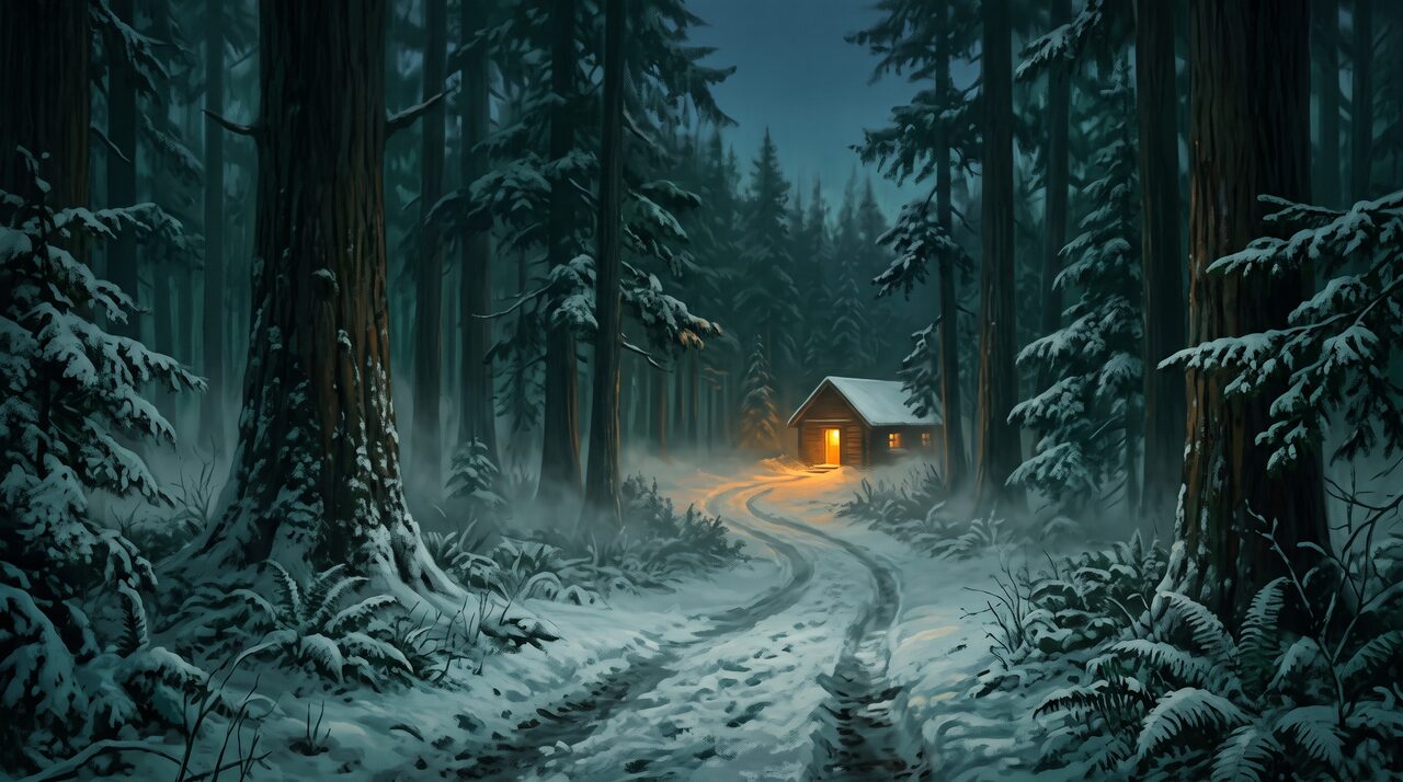 A snow-dusted forest path leading toward a warm-lit doorway through misty evergreens at dusk.