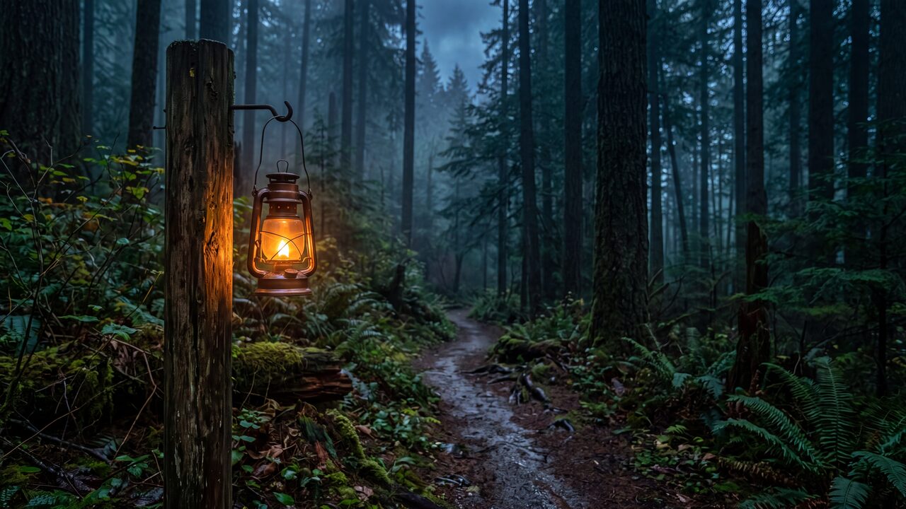 A glowing lantern lighting a misty forest trail at dusk, representing being easy to find.