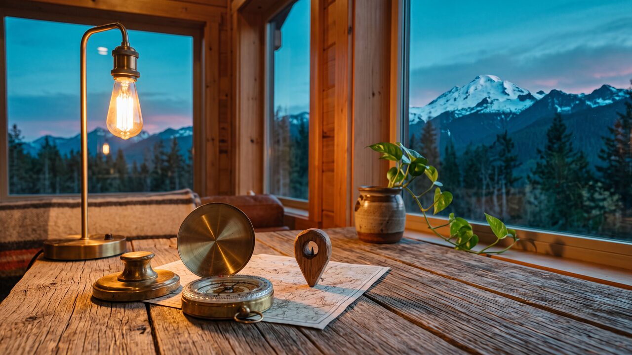 A brass compass and a small carved wooden location pin on a desk by a window with a Pacific Northwest mountain view at dusk.