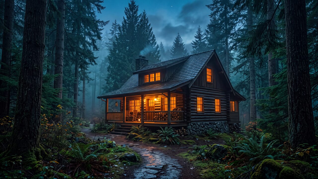A cabin with warm glowing windows among evergreens at dusk, representing a local business customers can find and trust.