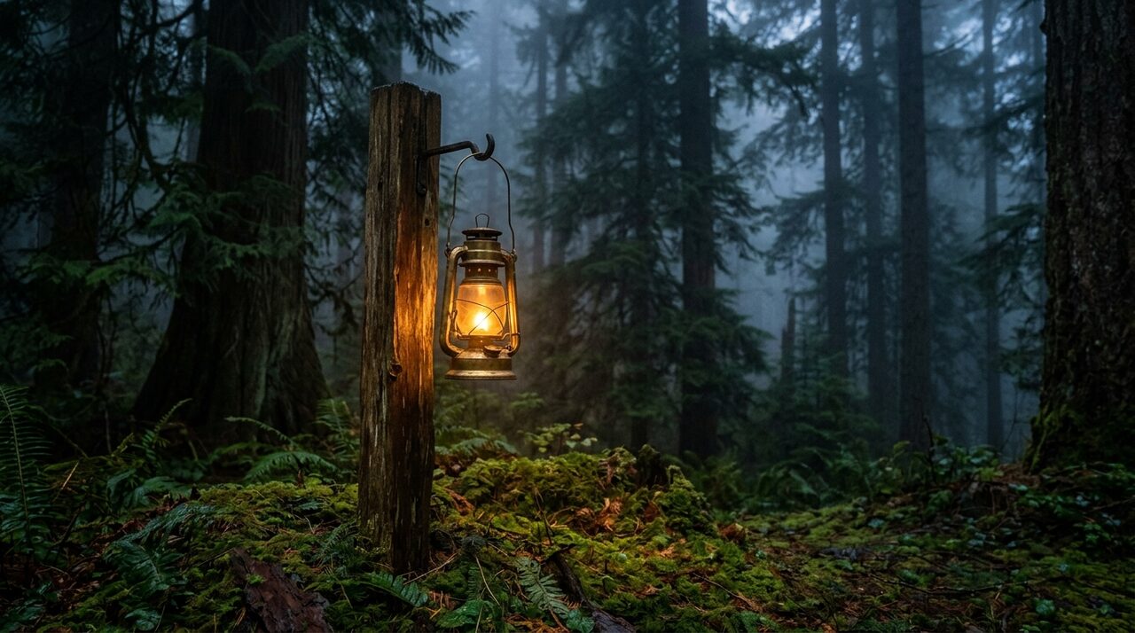 A glowing lantern on a wooden post at the edge of a misty evergreen forest at dusk, representing being easy to find.