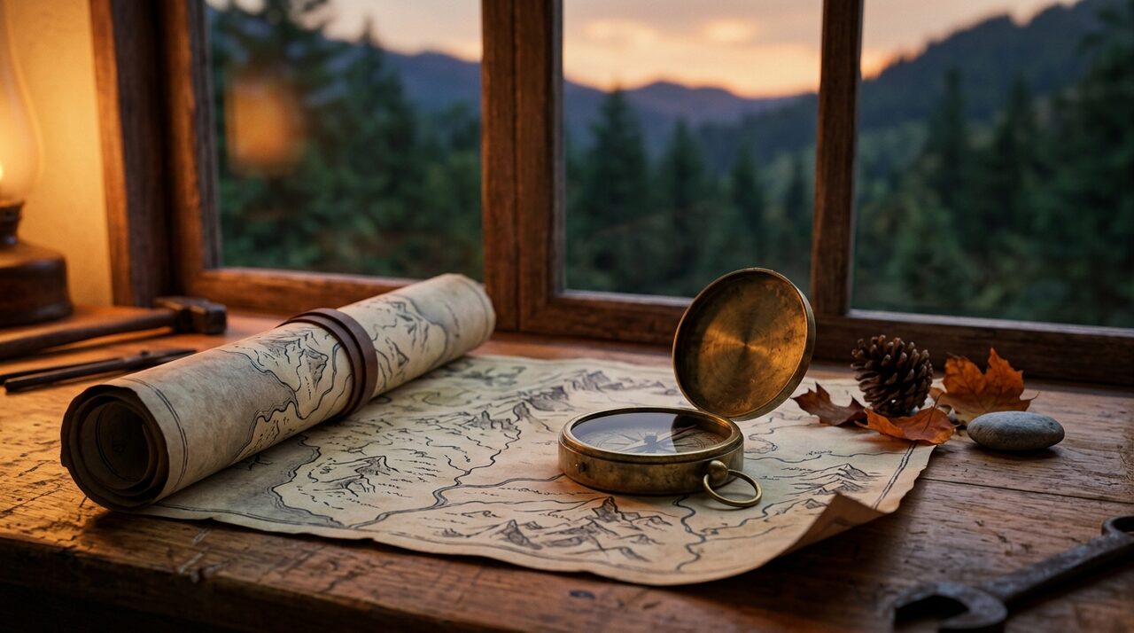 A brass compass on a partly rolled map by a window with an evergreen mountain view at dusk, representing strategy and direction.