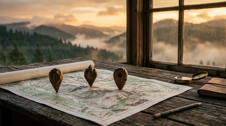 Three small carved wooden location pins on a topographic map by a window with a misty mountain view at dusk.