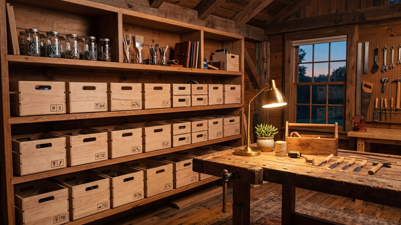 Neatly organized labeled crates on tidy shelves in a warm workshop, representing a large product catalog moved onto an organized platform.