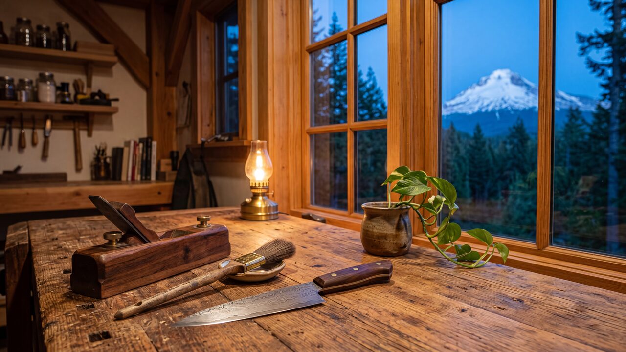 A hand plane, a chef's knife, and a fine paintbrush arranged on a workbench by a window with a mountain view, representing three website platforms built for different jobs.