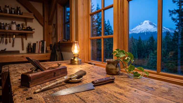 A hand plane, a chef's knife, and a paintbrush on a workbench by a window with a mountain view.