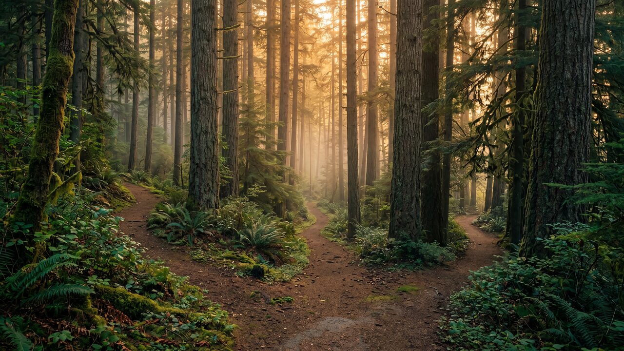 Three forest trails diverging through evergreens at dusk, representing choosing the right platform for the project.