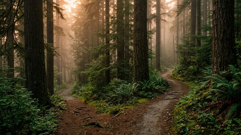 A forked forest trail splitting into two paths through misty evergreens at dusk.