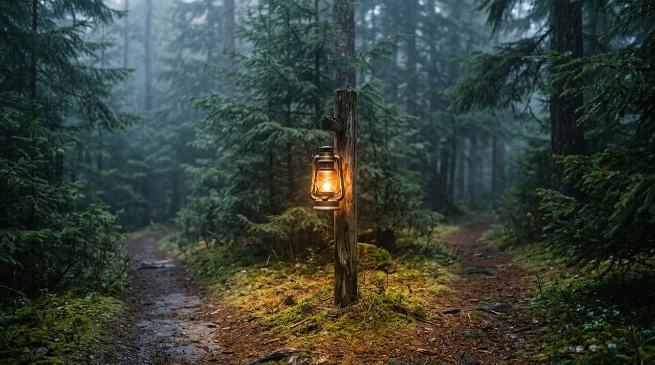 A glowing lantern lighting a fork in a misty forest trail at dusk, representing the fast, lit path of paid ads.