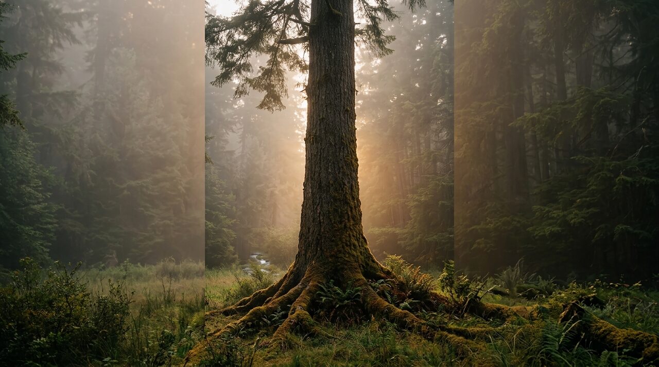 A towering old-growth fir with deep mossy roots in a misty clearing at dusk, representing the lasting, rooted value of SEO.