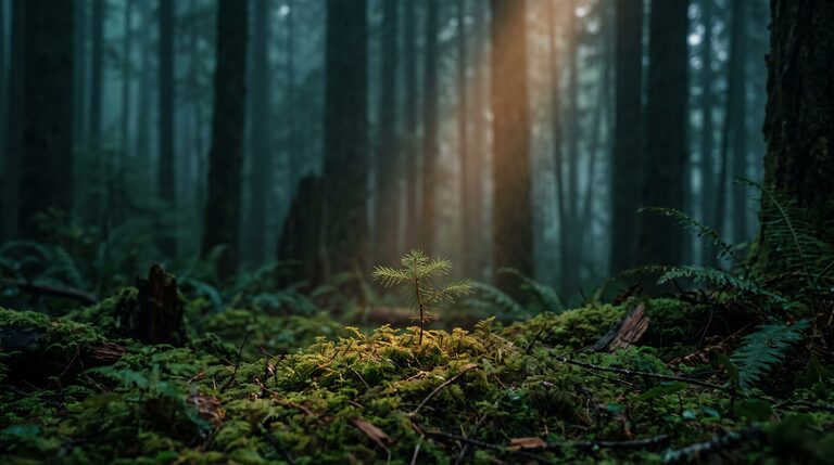 A young evergreen sapling growing in a mossy forest clearing at dusk, representing SEO growth over time.
