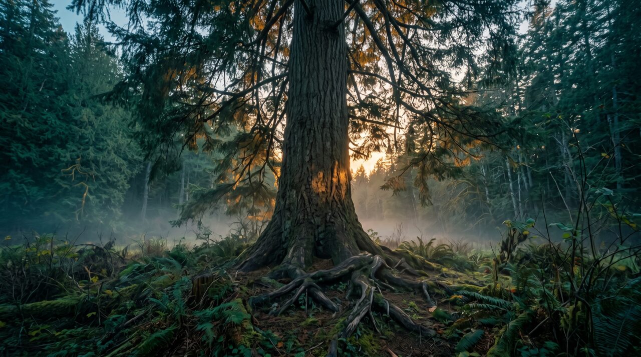 A mature evergreen with deep, established roots at the edge of a misty forest at dusk, representing SEO authority that compounds once established.