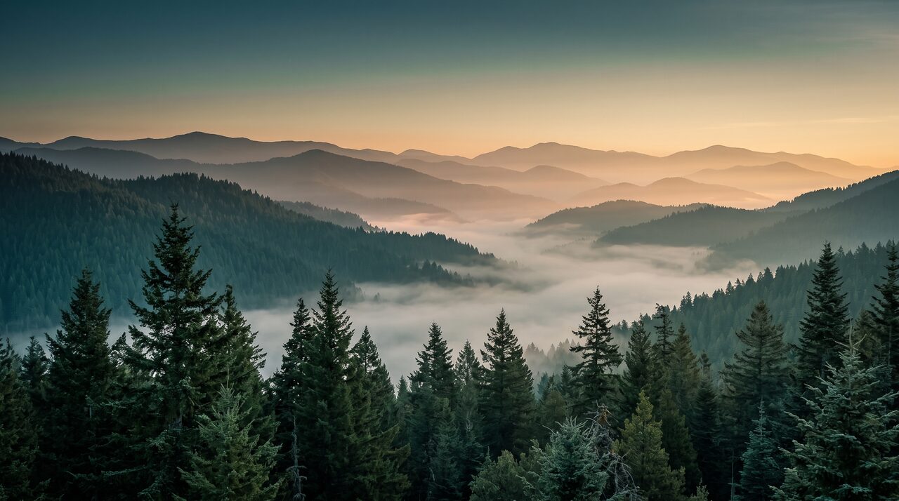 Layered forest ridgelines fading into mist at dusk, representing SEO progress unfolding in stages over time.