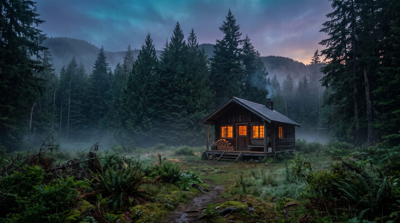 A warm-lit cabin with glowing windows in its own forest clearing at dusk, representing a home base you own.