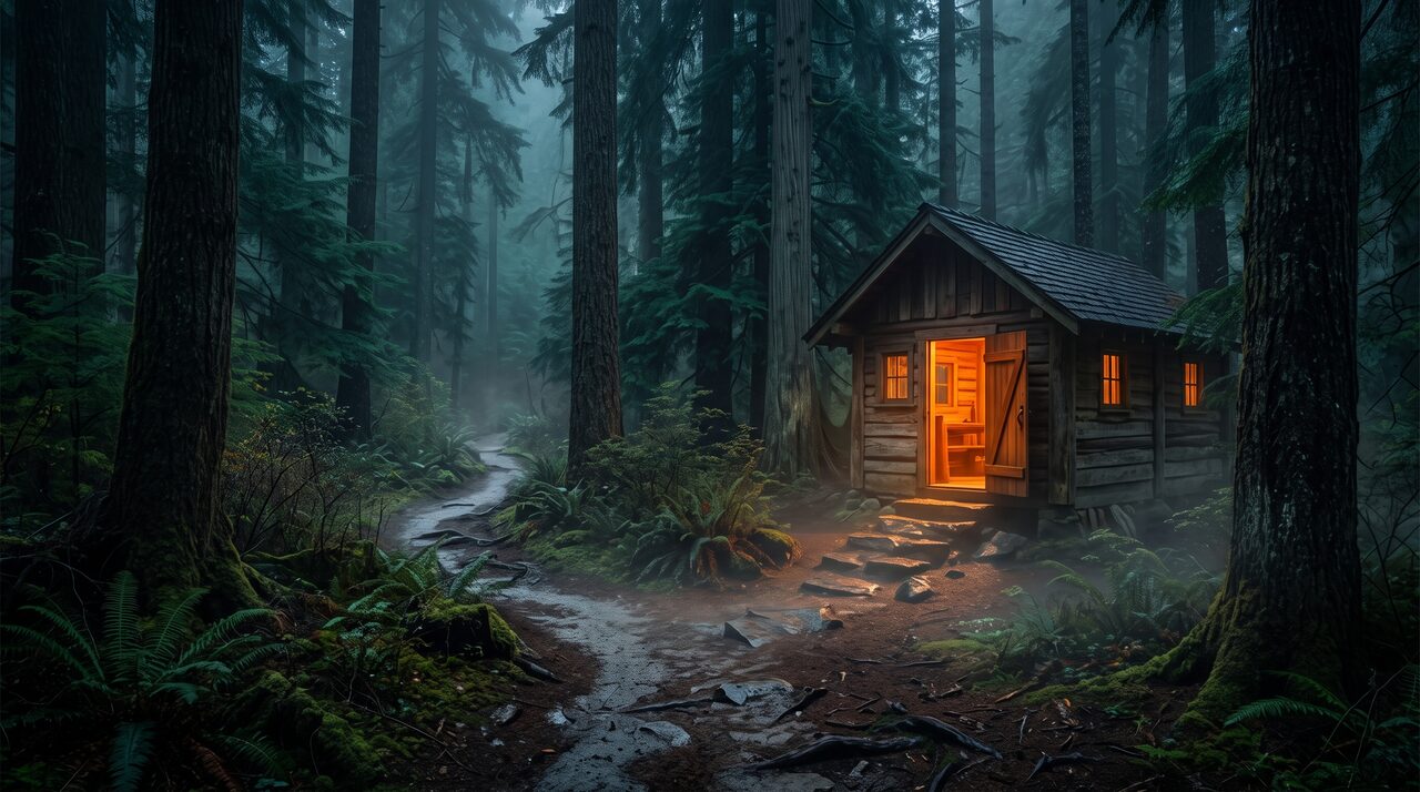 A warm-lit doorway at the end of a forest path at dusk, representing a website as the destination people are guided to.