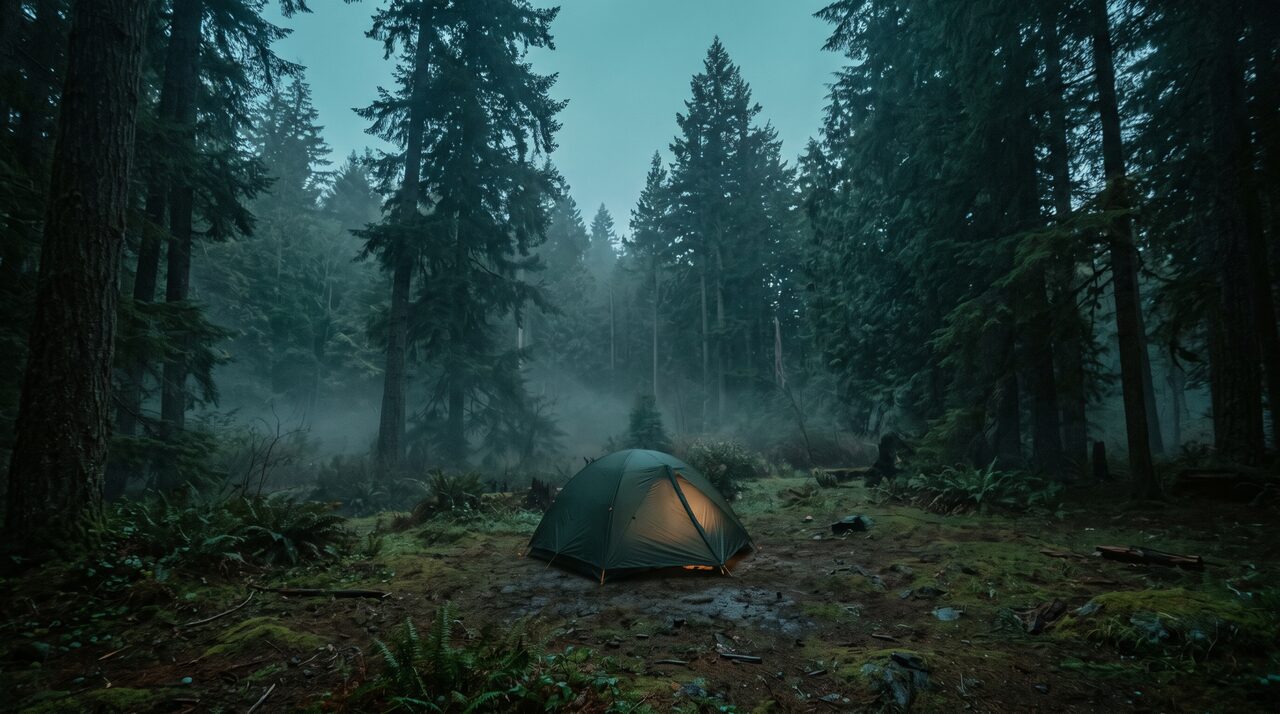 A single tent pitched in a misty forest clearing at dusk, representing a temporary presence on borrowed ground.