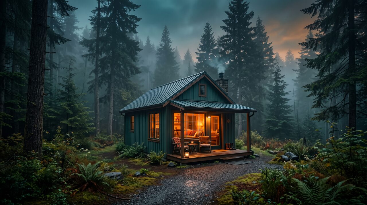 A small, tidy prefab cabin in a misty forest clearing at dusk, representing a quick, turnkey website builder.