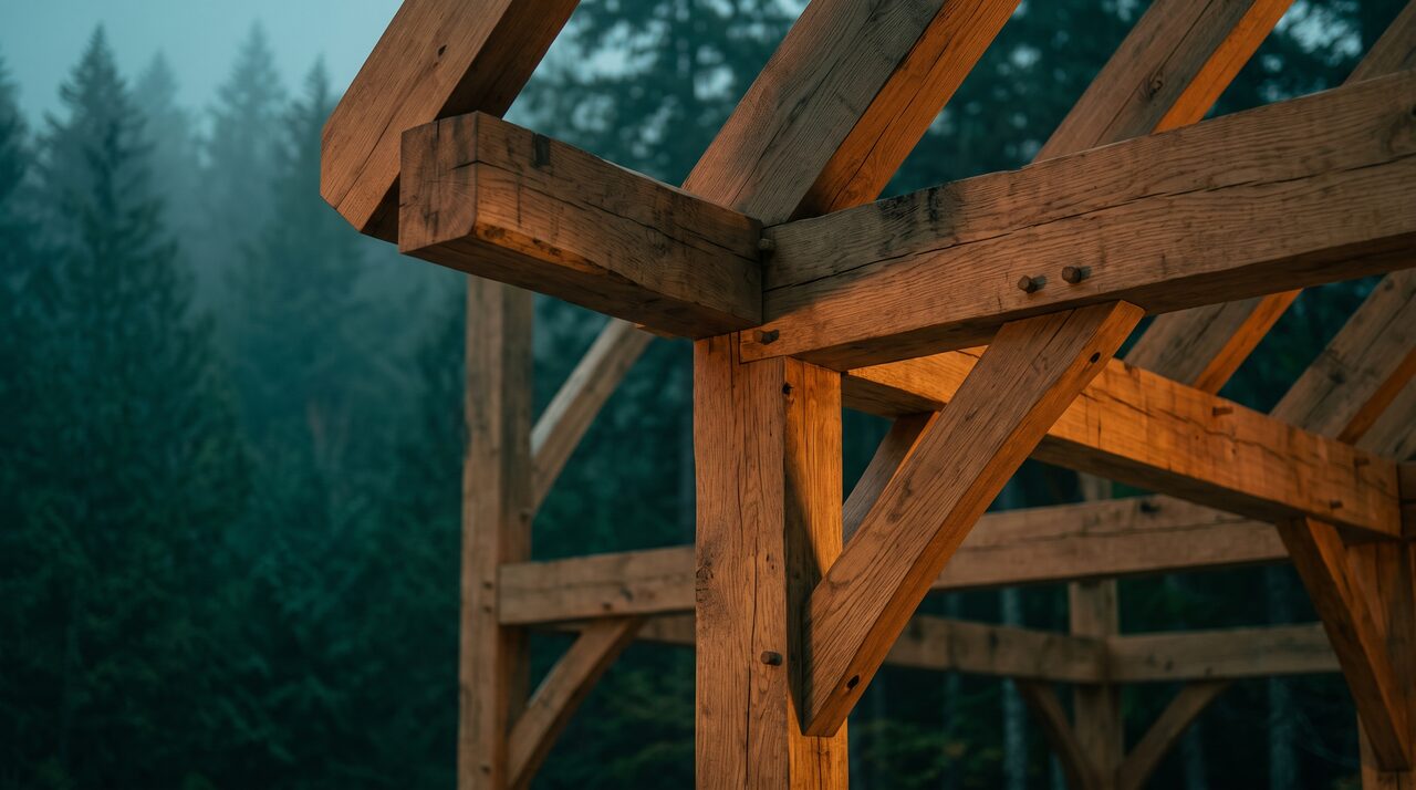Close-up of strong timber-frame joinery on a house under construction at dusk, representing a flexible foundation you can build on.