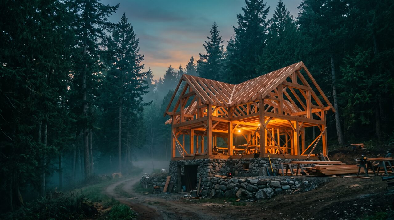 A timber-frame house under construction on a stone foundation at the edge of a misty forest at dusk, representing choosing the right foundation for a website.
