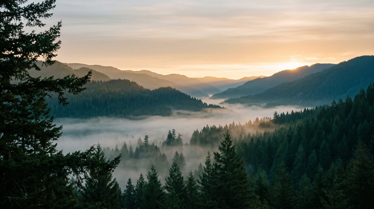 First light breaking over a misty evergreen valley at dawn, representing a fresh start for the new year.