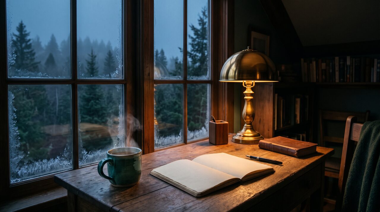 A wooden desk with an open blank notebook and a warm lamp beside a frosty window at dusk.