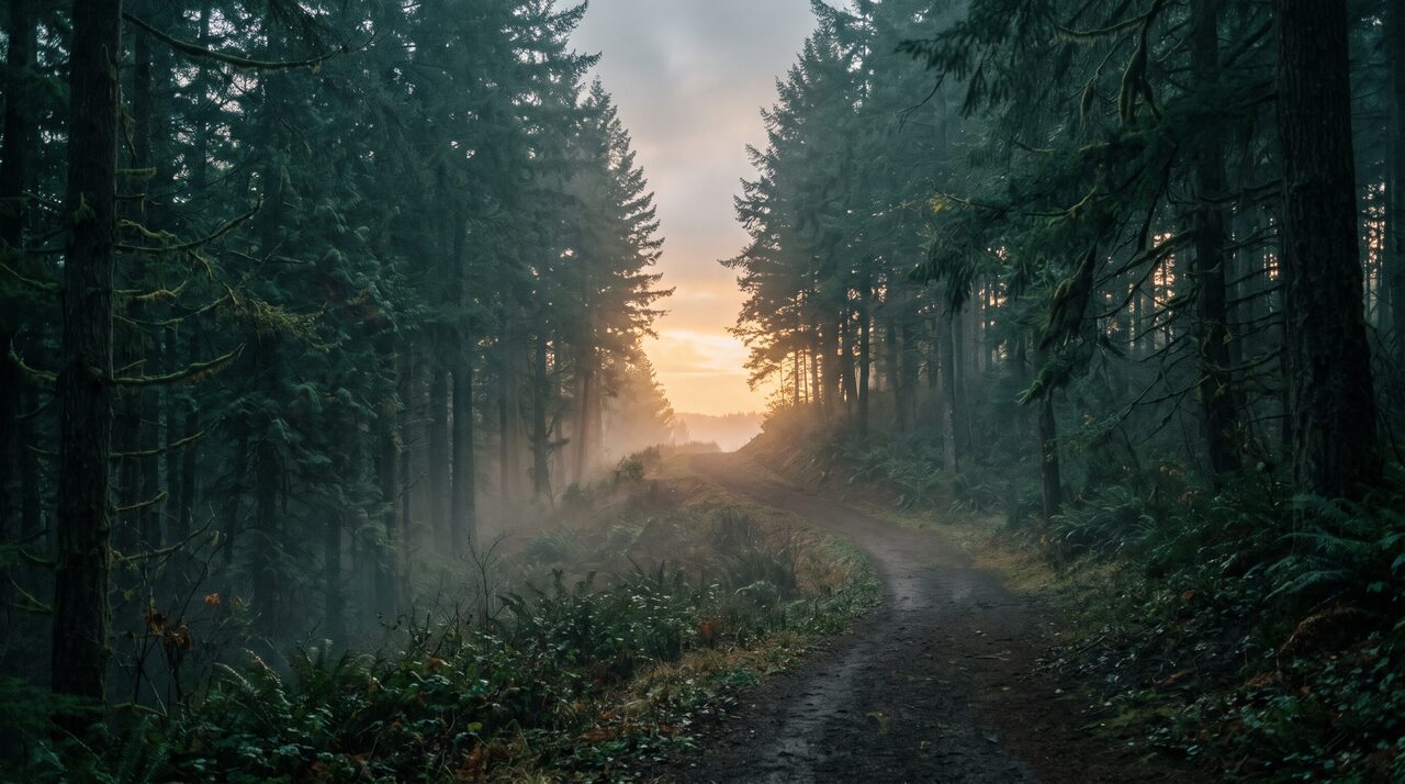 A winding forest trail cresting a rise toward a glowing horizon through misty evergreens at dusk.