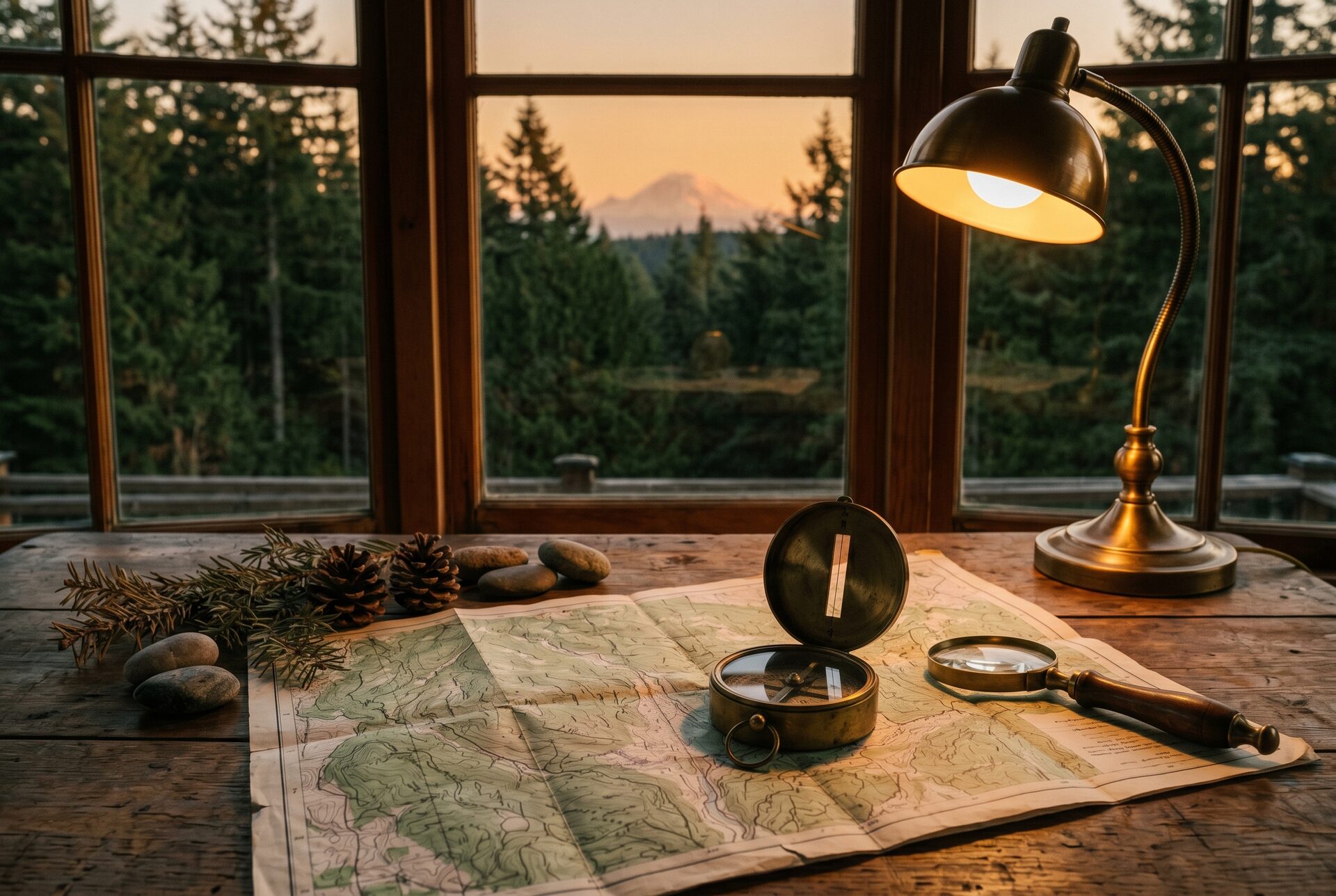 Olympia search marketing workspace at dusk with a mountain view.