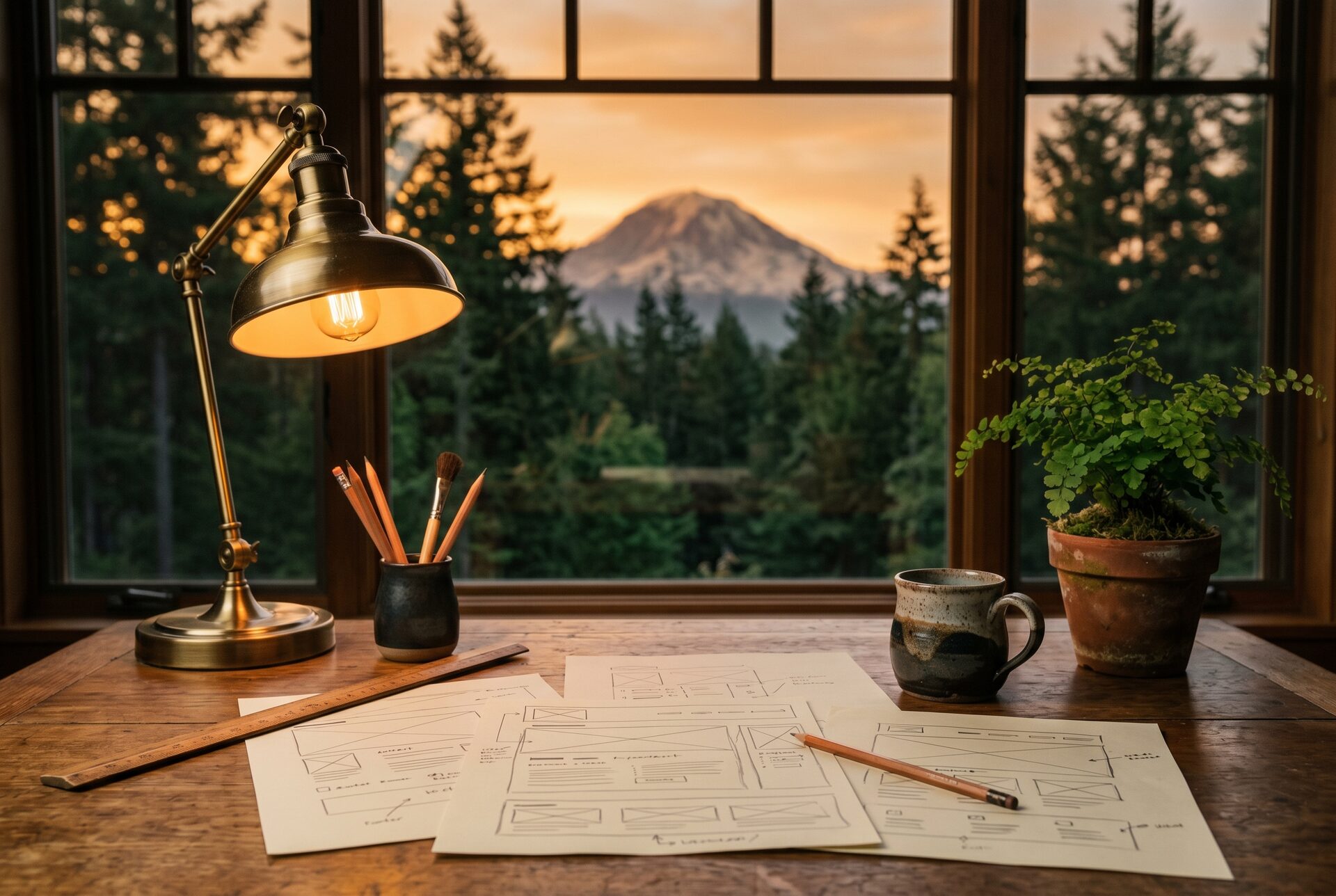 Olympia web design in progress at dusk with a mountain view.