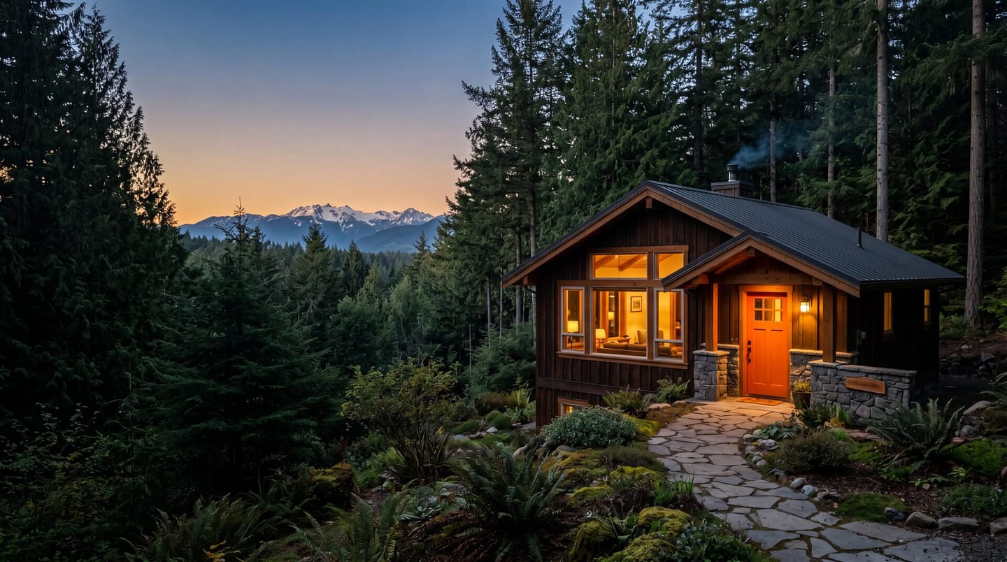Twiggley.Co's cozy Olympia cabin studio glowing at dusk with an owl-orange door.