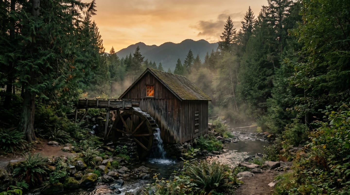 AI automation in Olympia: a glowing water mill wheel turning on a forest stream at dusk.