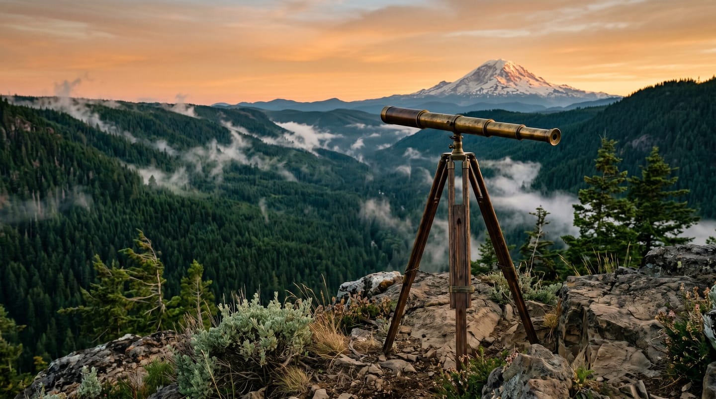 Marketing analytics and reporting in Olympia: a spyglass on an overlook as mist clears over an evergreen valley.