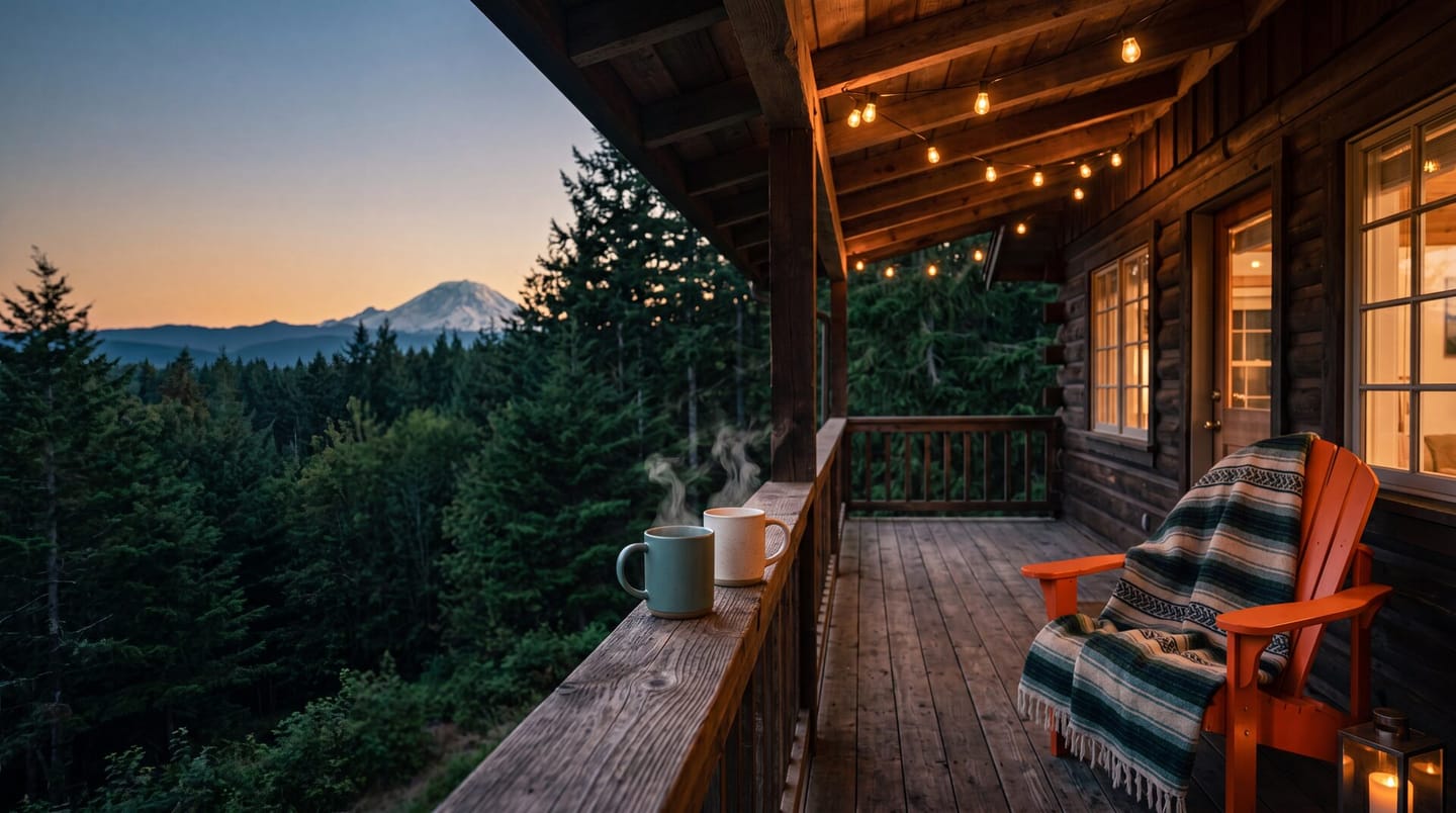 A welcoming Olympia cabin porch at dusk with coffee and a Pacific Northwest mountain view.