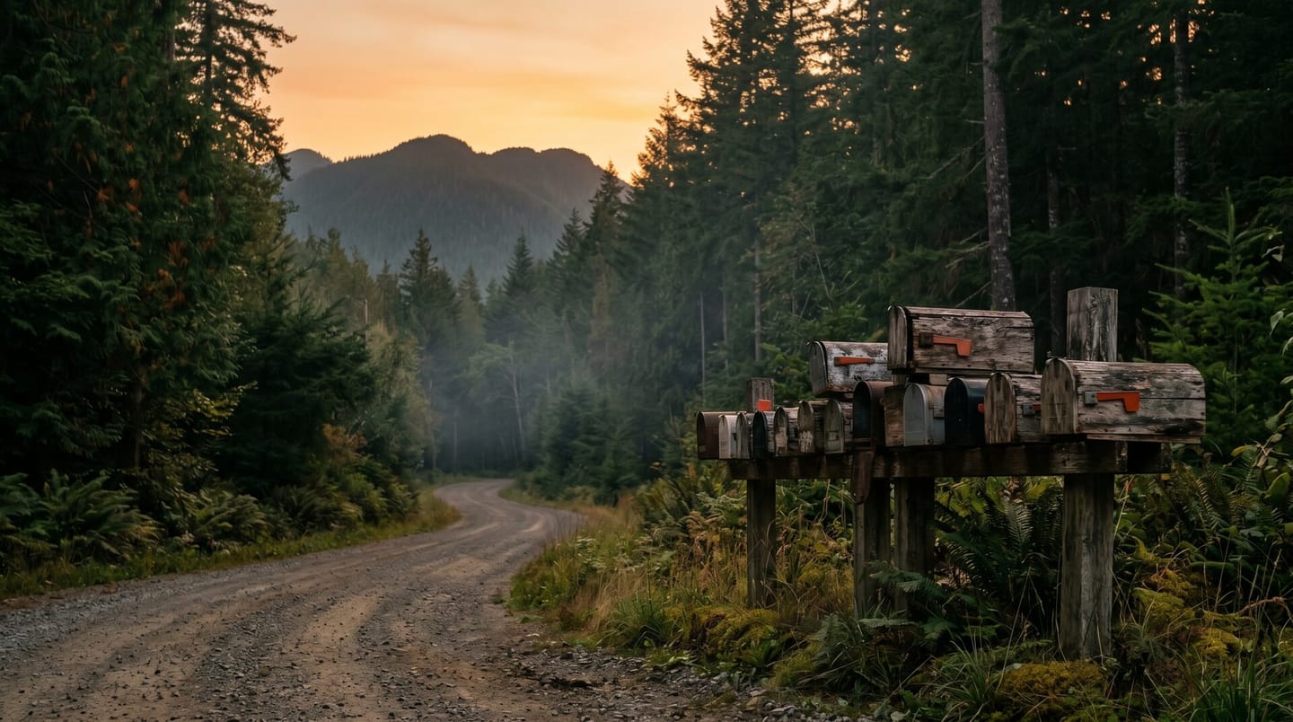 Email marketing in Olympia: a cluster of mailboxes on a misty forest road at dusk.
