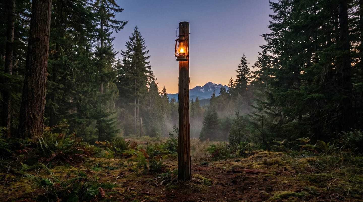 Google Ads management in Olympia: a glowing beacon raised high in a forest at dusk, seen first.
