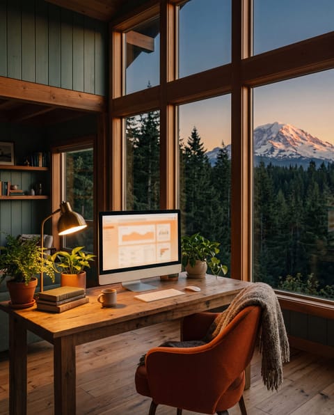 Twiggley.Co web design studio in Olympia at dusk, a warm cabin workspace with an orange chair and a Pacific Northwest mountain view through tall windows.