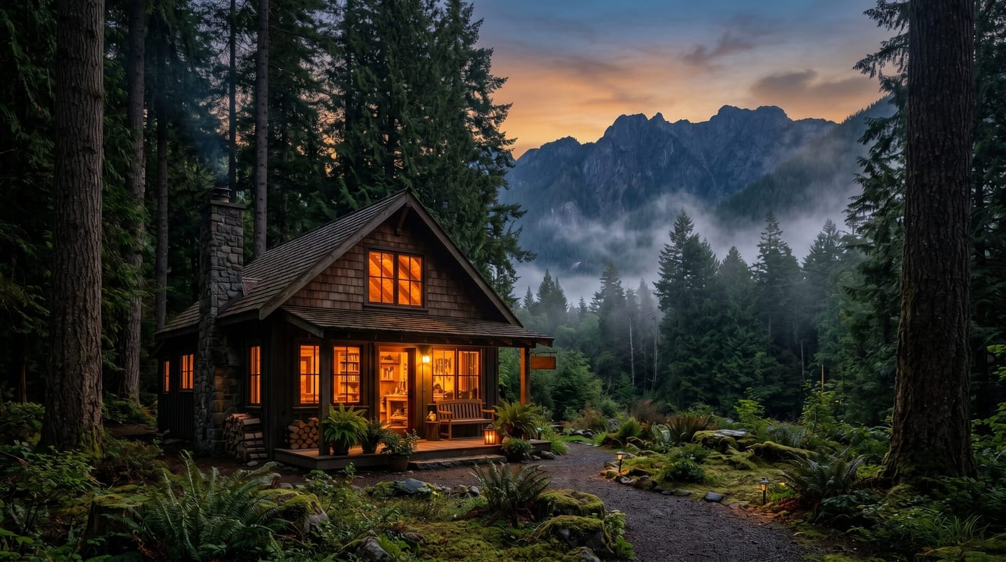Website maintenance: a cozy, well-kept cabin glowing warmly at dusk, everything running smoothly.