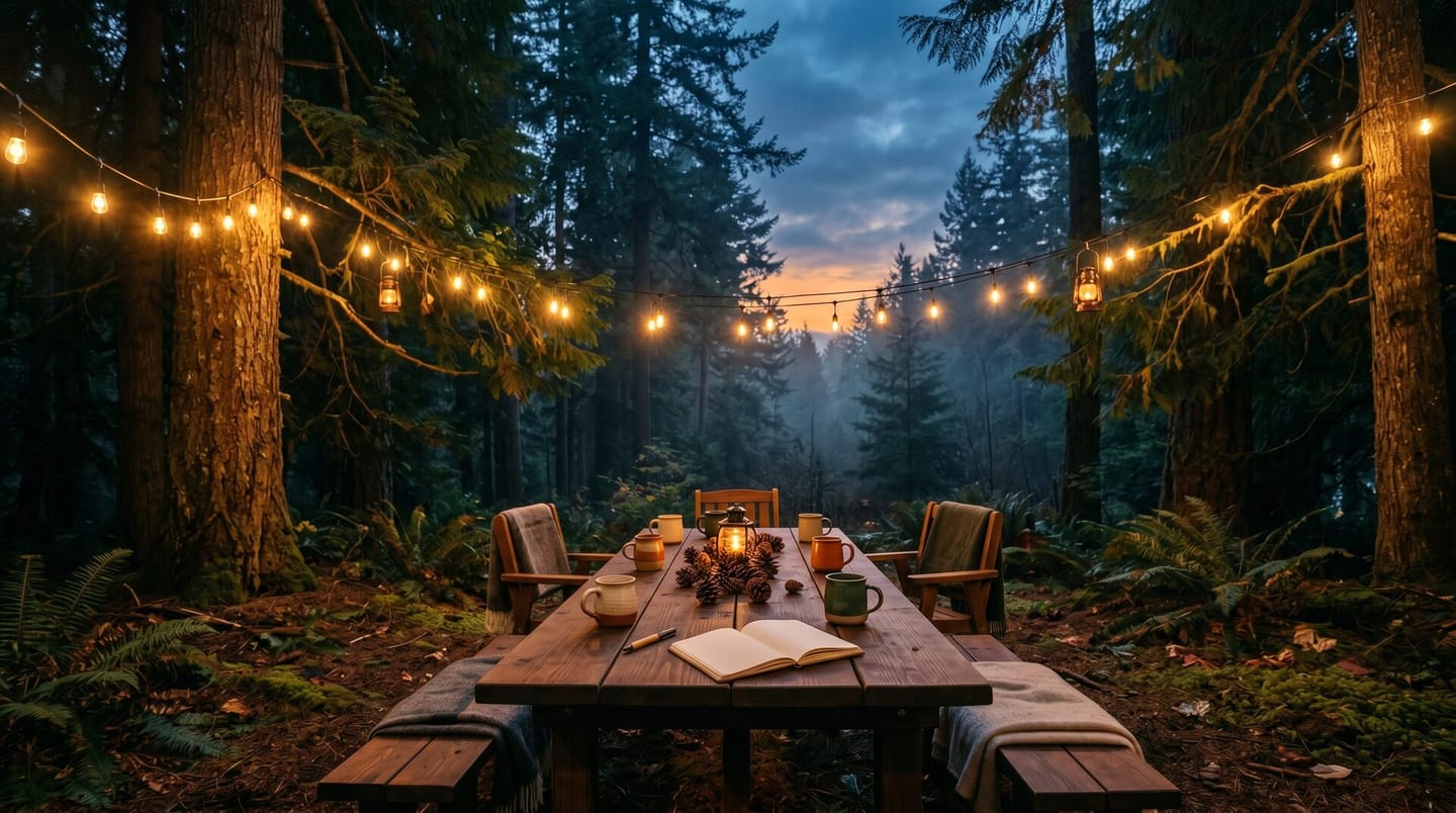 Content and social media marketing in Olympia: a warm forest gathering table strung with lights at dusk.